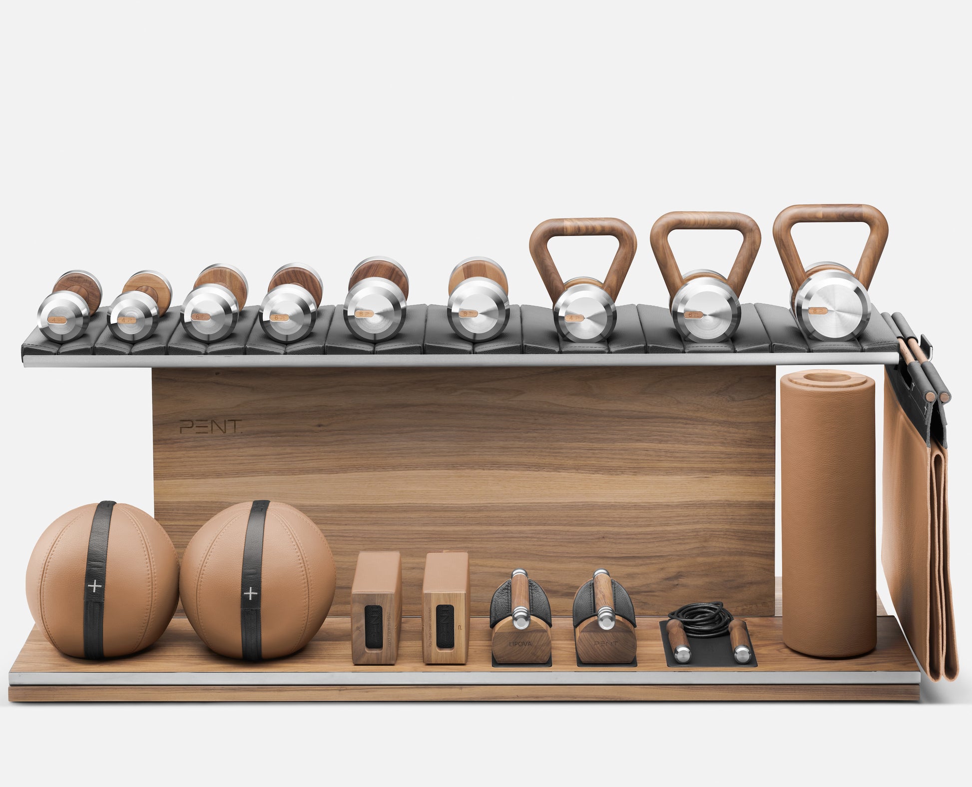 Compact PENT Combo Ana: Handcrafted luxury home gym equipment combo made with natural leather, sustainably sourced wood, and stainless steelIncludes skipping rope, push-up bars, yoga mat, dumbbells, kettlebells, roller, yoga blocks, medicine balls.