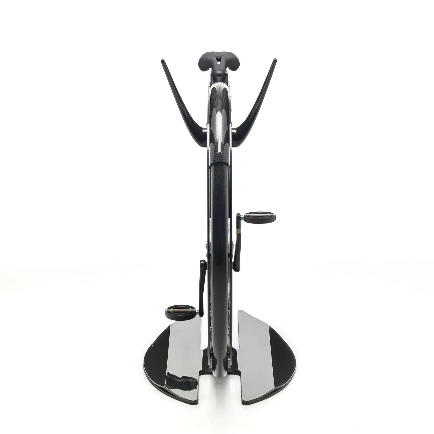 Front view of a luxury gym equipment, designer exercise bike in black carbon color, handcrafted from Italy. Ciclotte Bike - Designer Exercise Bike