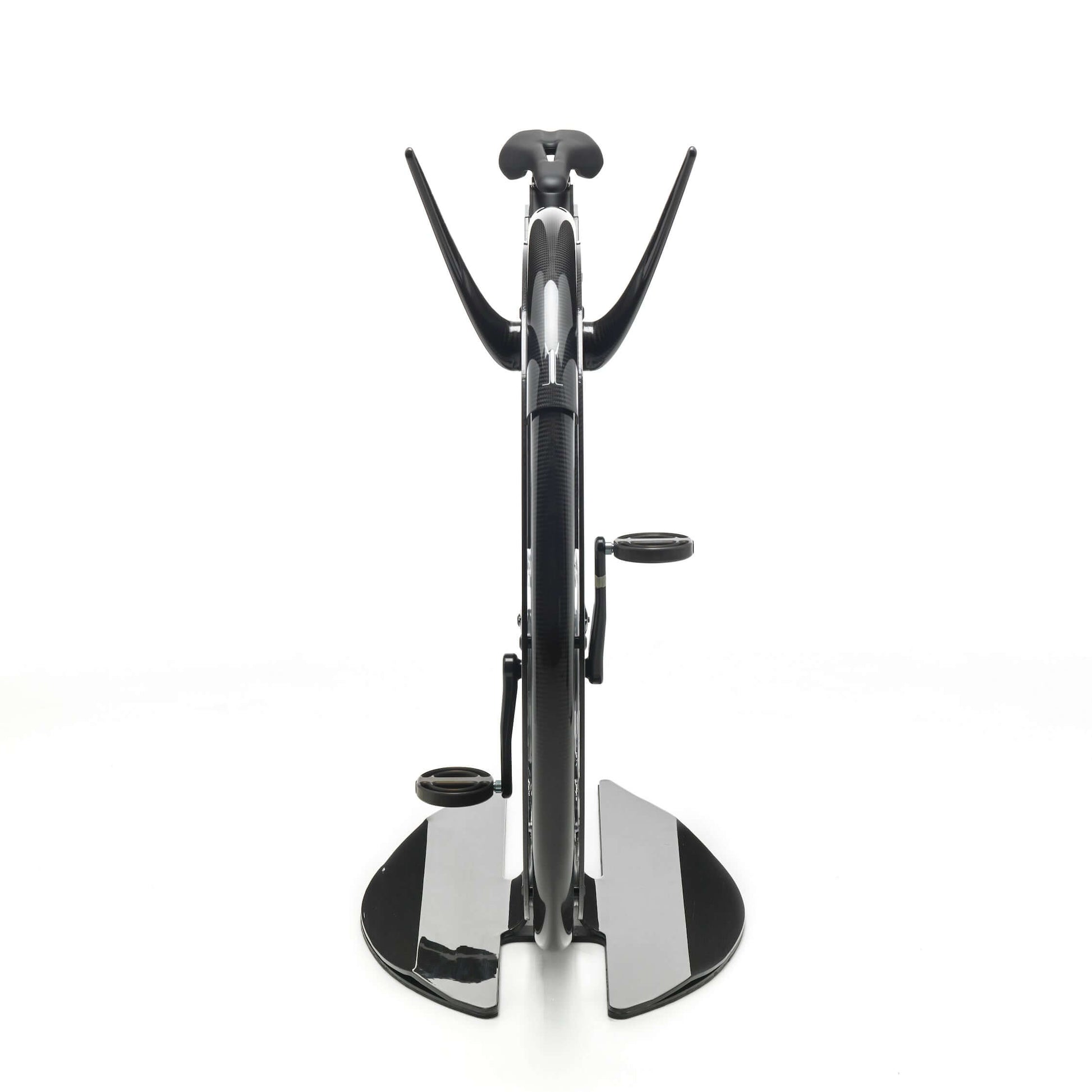 Front view of a luxury gym equipment, designer exercise bike in black carbon color, handcrafted from Italy. Ciclotte Bike - Designer Exercise Bike