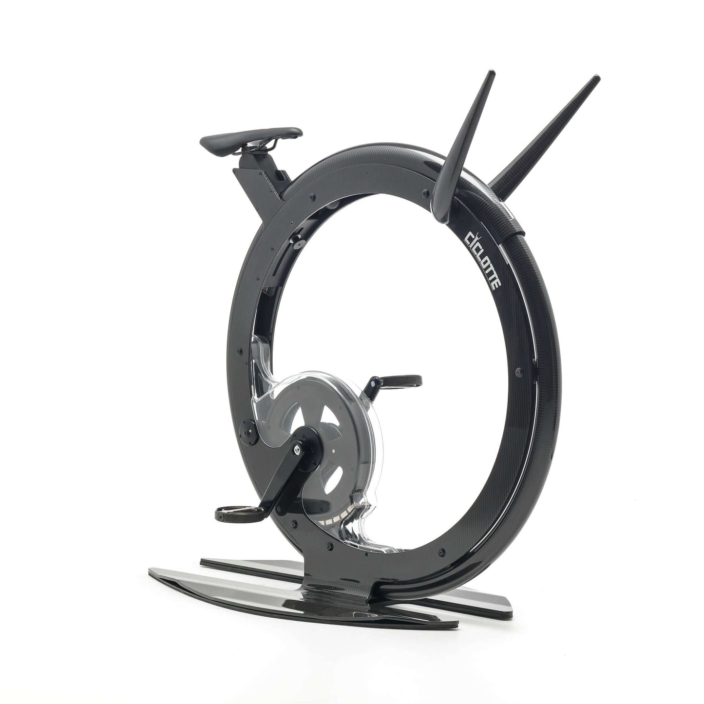 Sideview of a luxury gym equipment, designer exercise bike in black carbon color, handcrafted from Italy. Ciclotte Bike - Designer Exercise Bike