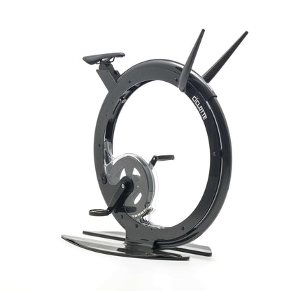 Sideview of a luxury gym equipment, designer exercise bike in black carbon color, handcrafted from Italy. Ciclotte Bike - Designer Exercise Bike
