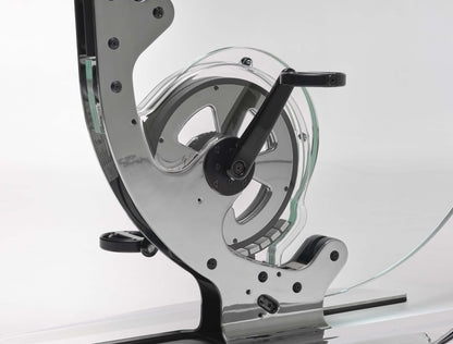 Extremely close up view of a luxurious gym equipment, Italian design exercise bike made of crystal glass. Ciclotte Teckell - Glass Exercise Bike