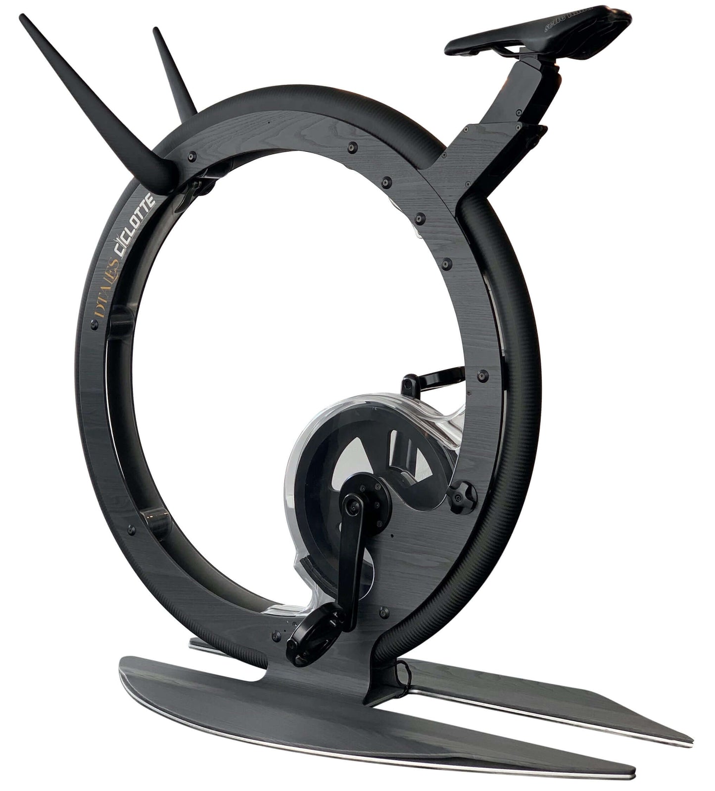 45 degree angle view of a luxury gym equipment, designer exercise bike in black carbon color, handcrafted from Italy. Ciclotte Bike - Designer Exercise Bike