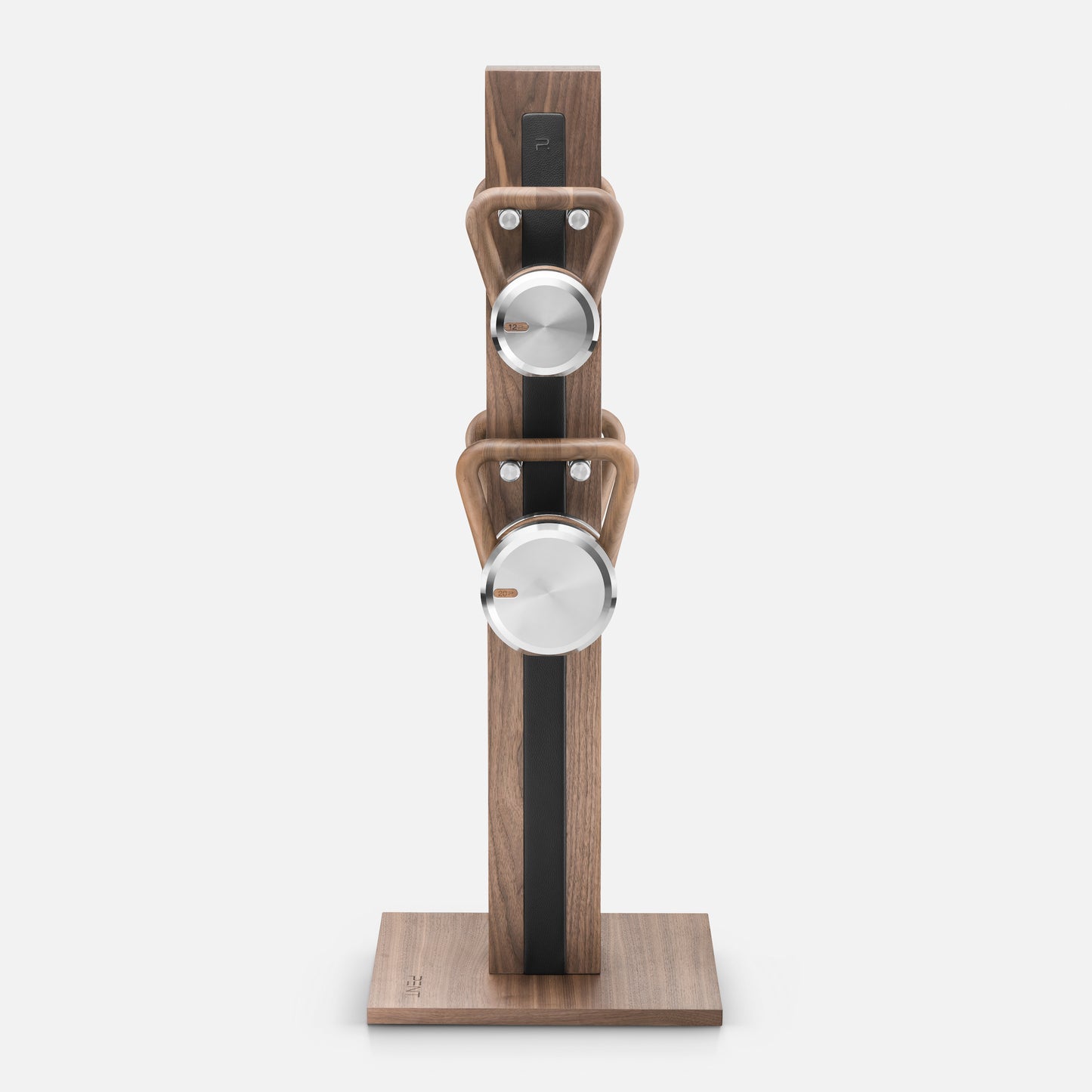 PENT Lova Luxury Kettlebells on a vertical stand, featuring customisable options in various weight ranges, wood types, and leather combinations.