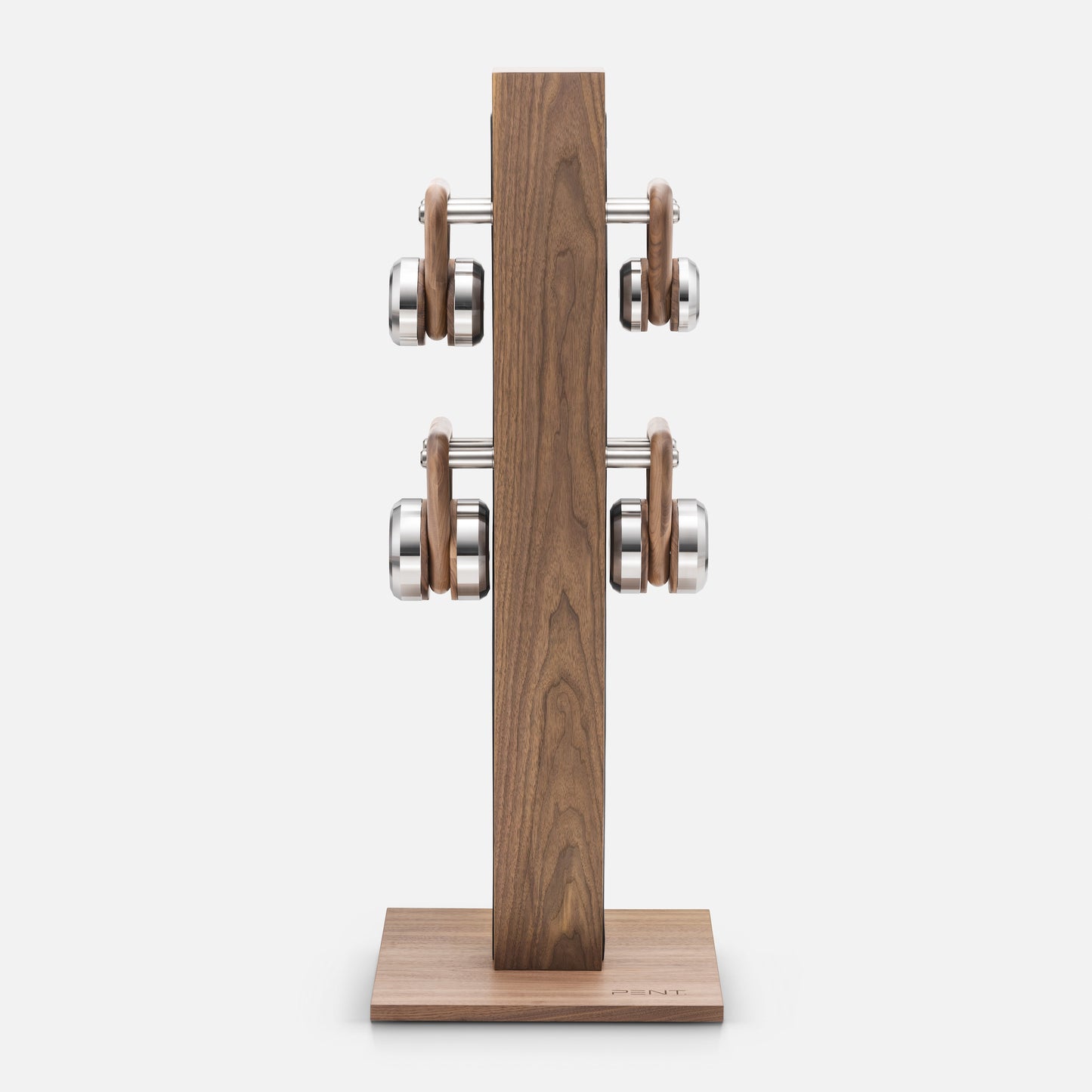 PENT Lova Luxury Kettlebells on a vertical stand, featuring customisable options in various weight ranges, wood types, and leather combinations.