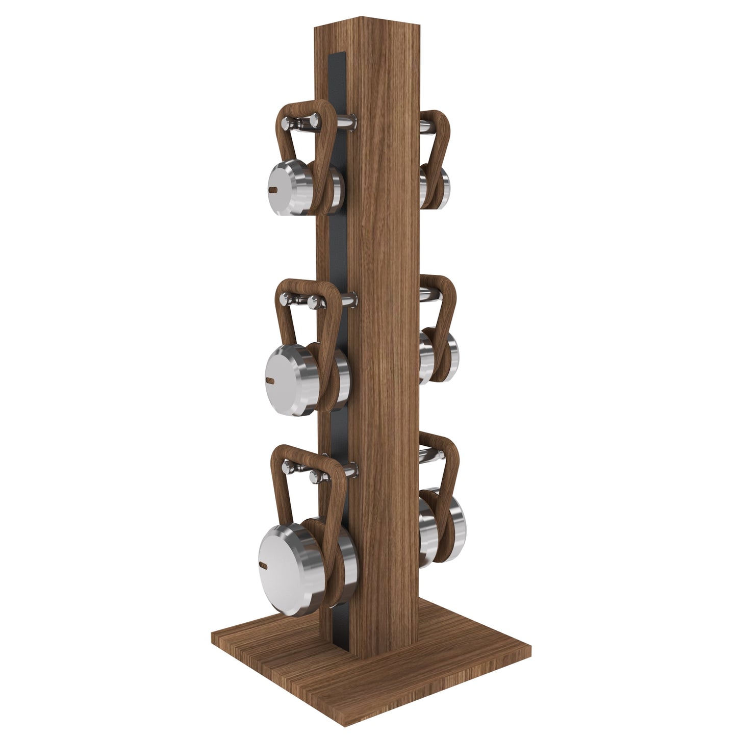 Luxury fitness equipment, 6 luxury kettlebells on vertical wooden stand, handcrafted with stainless steel, premium Italian leather and natural wood. PENT. LOVA Set