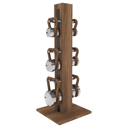 Luxury fitness equipment, 6 luxury kettlebells on vertical wooden stand, handcrafted with stainless steel, premium Italian leather and natural wood. PENT. LOVA Set