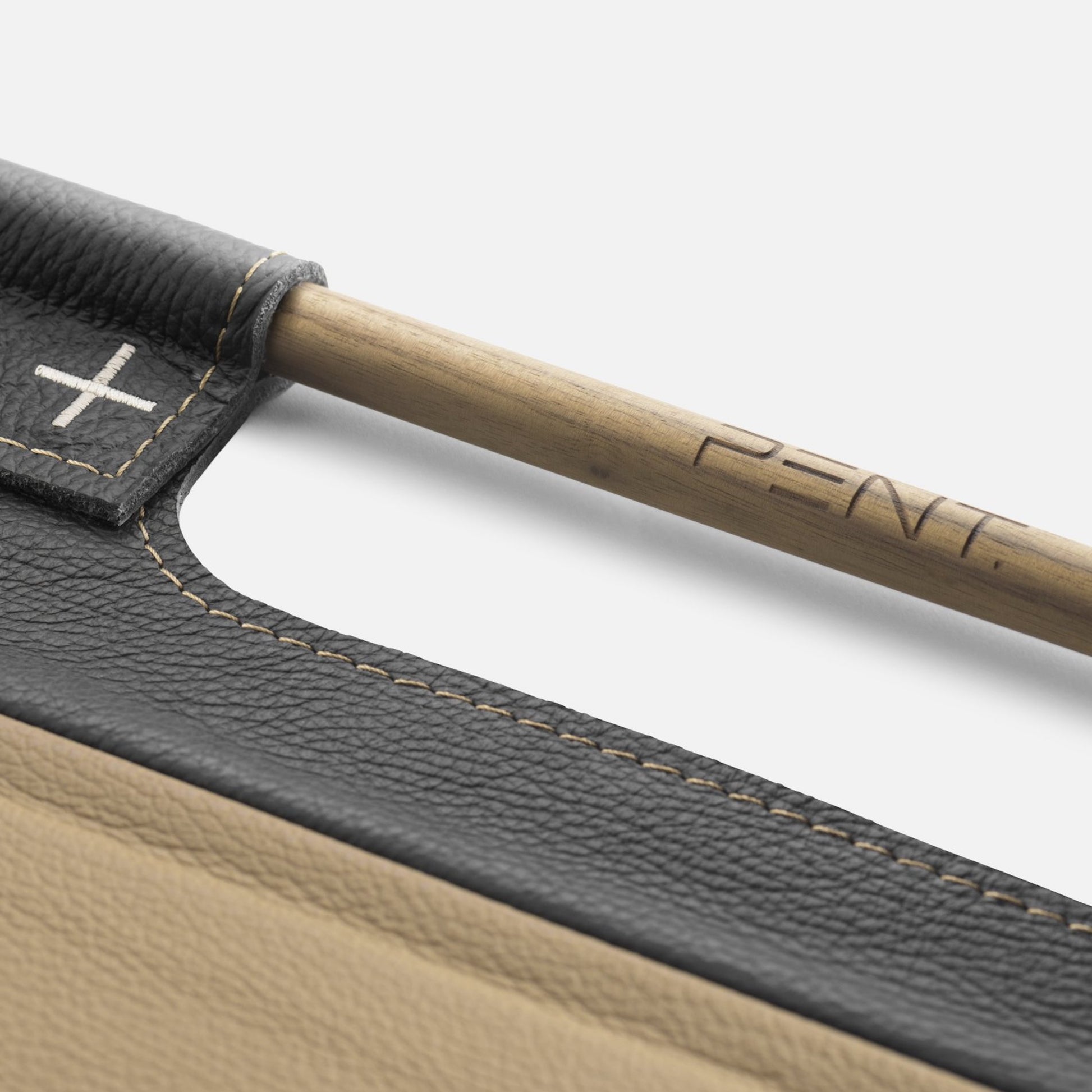 Close up view of the wood, Luxurious fitness equipment, premium exercise mat handcrafted with natural wood and genuine Italian leather, in default beige color. PENT. MATA