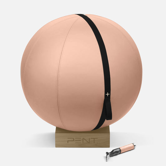 A 65cm Fitness Ball in luxurious leather, by PENT x Cycling Bears, displayed on a compact wooden stand, with a hand held pump available in Singapore.