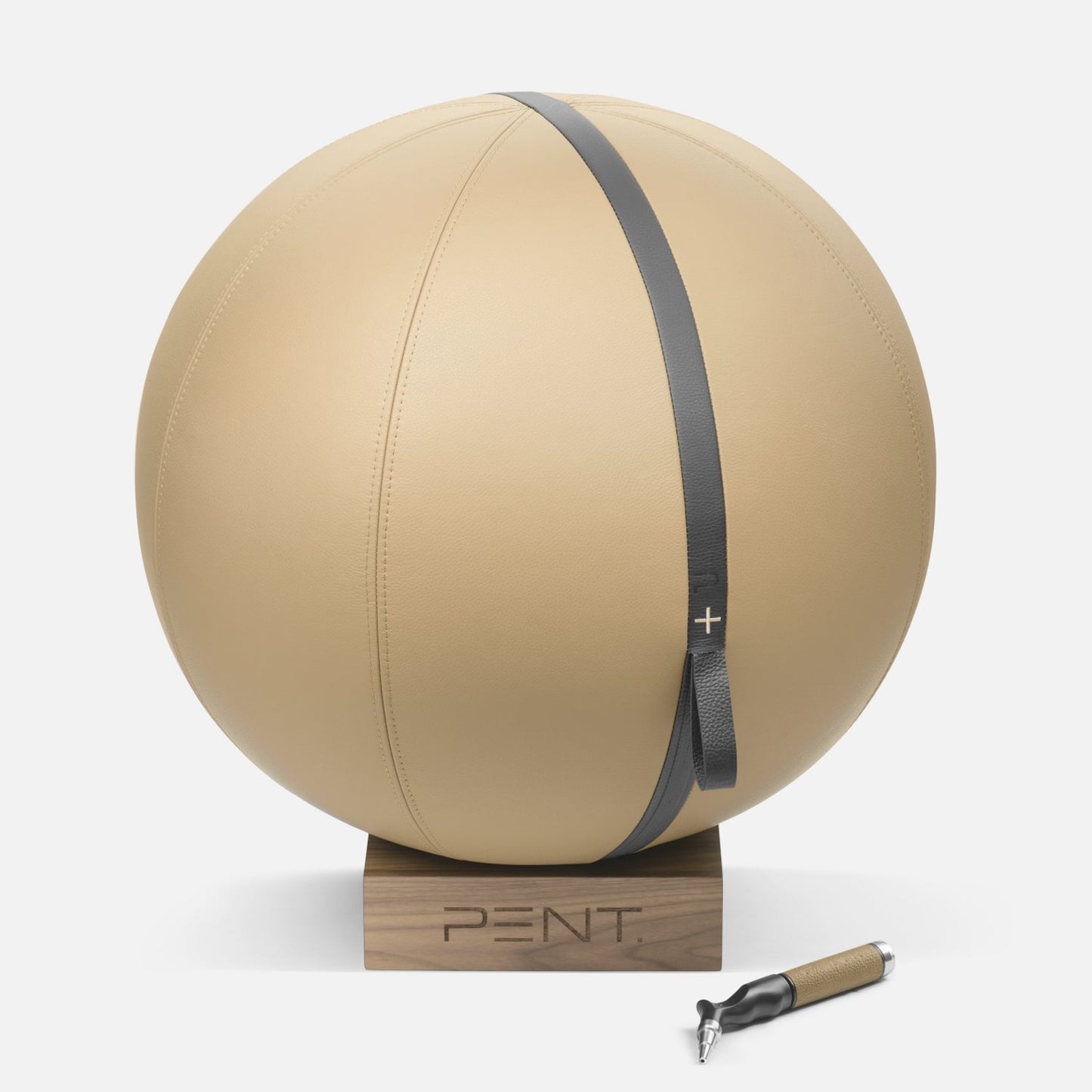 A 65cm Fitness Ball in luxurious leather, displayed on a compact wooden stand, with a handheld pump available in Singapore and Australia.
