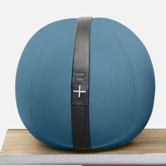 Close up view of the PENT x Cycling Bears moxa leather weighted ball in blue color. Crafted from luxurious natural leather. Best leather medicine ball. Ready Stock.