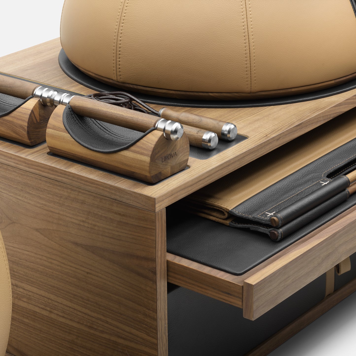 Close up view of PENT. RACKA: Skipping ropes, push up bars, fitness mat, fitness ball, balance ball and stretching roller. Handcrafted with natural Italian leather and natural wood.