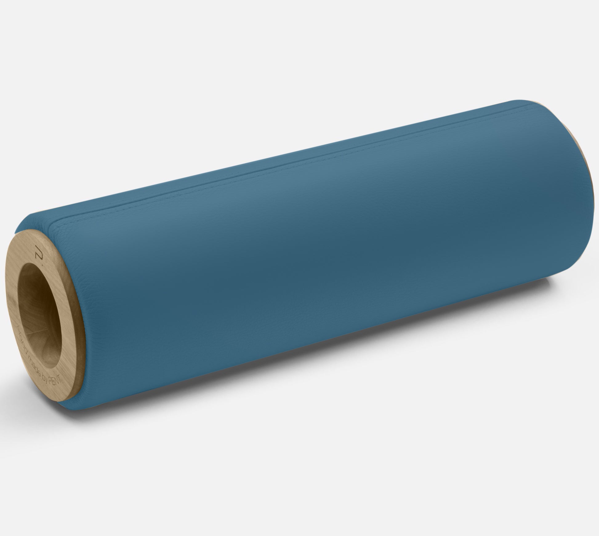 Luxury stretching and massage roller made with blue premium Italian leather and natural wood. PENT. ROLA