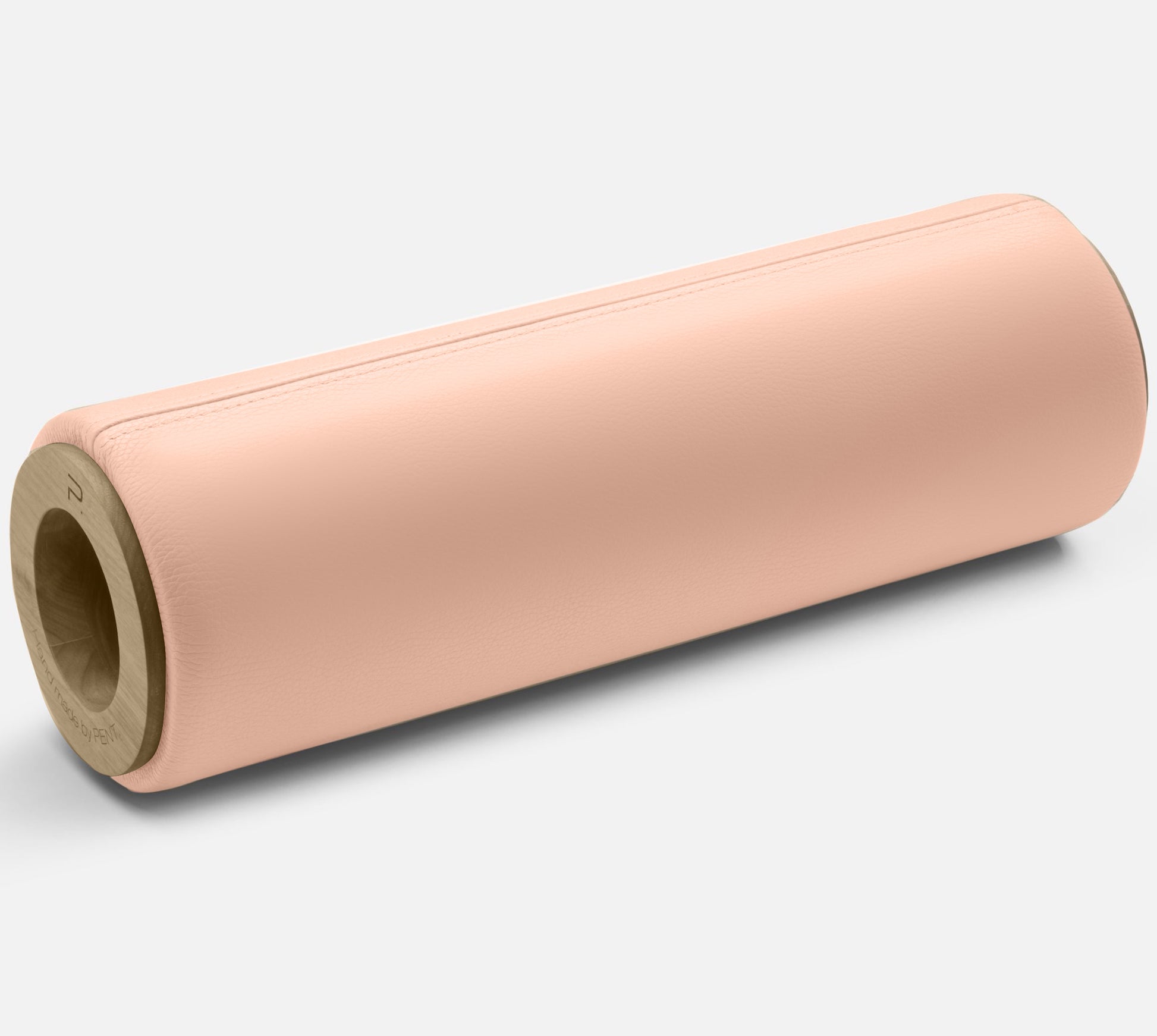 Luxury stretching and massage roller made with pink premium Italian leather and natural wood. PENT. ROLA