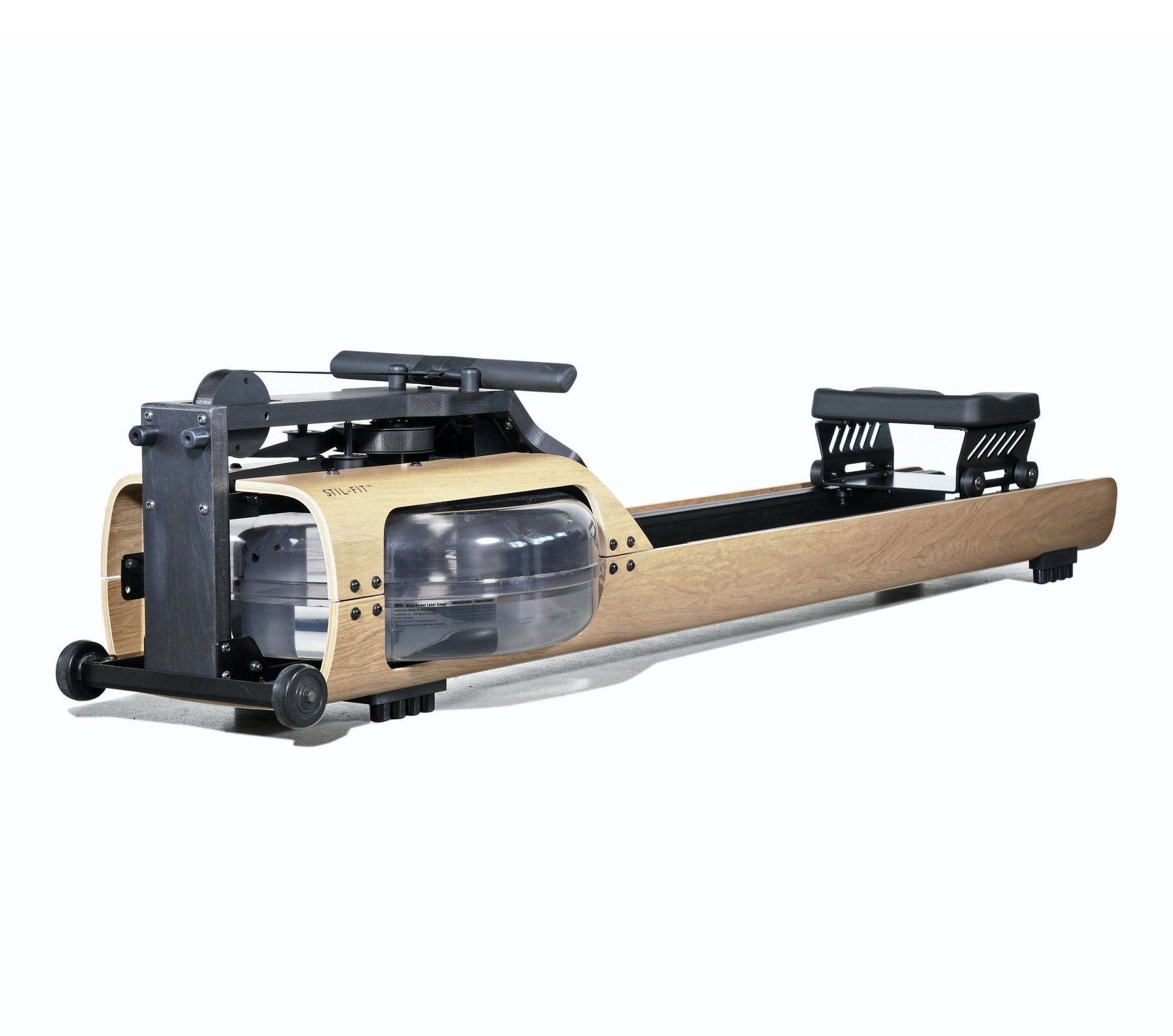 A luxury fitness equipment, solid oak wooden water rowing machine for full-body workout with the soothing sounds of water. Stil-Fit Flow One - Rowing Machine with water resistance
