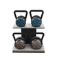 Luxury fitness equipment, 4 luxury kettlebells on horizontal wooden stand, handcrafted with stainless steel, premium Italian leather and natural wood. Custom variation 7. PENT. LOVA Set - Kettlebells on a Horizontal Stand