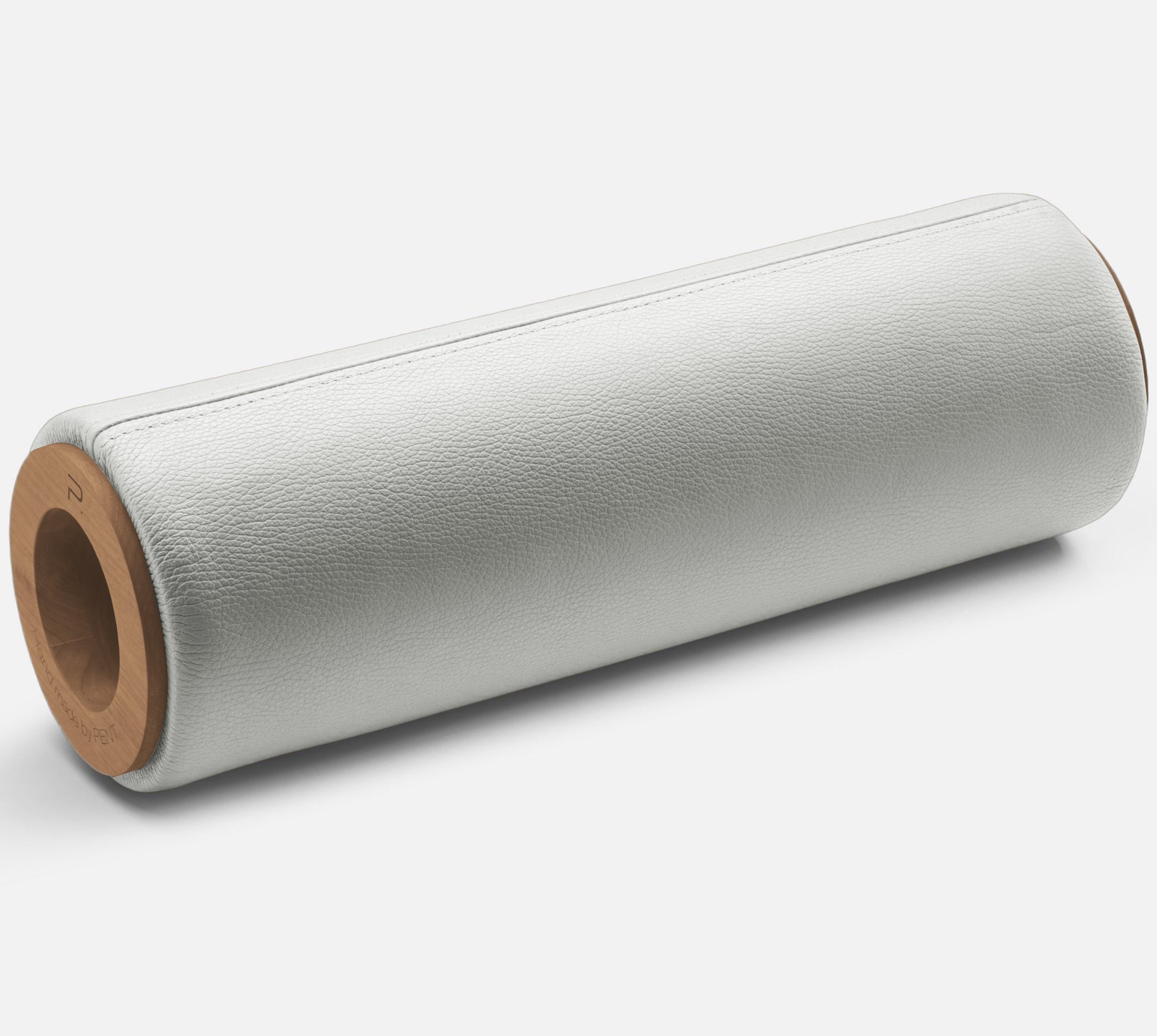 Luxury stretching and massage roller made with white premium Italian leather and natural wood. PENT. ROLA