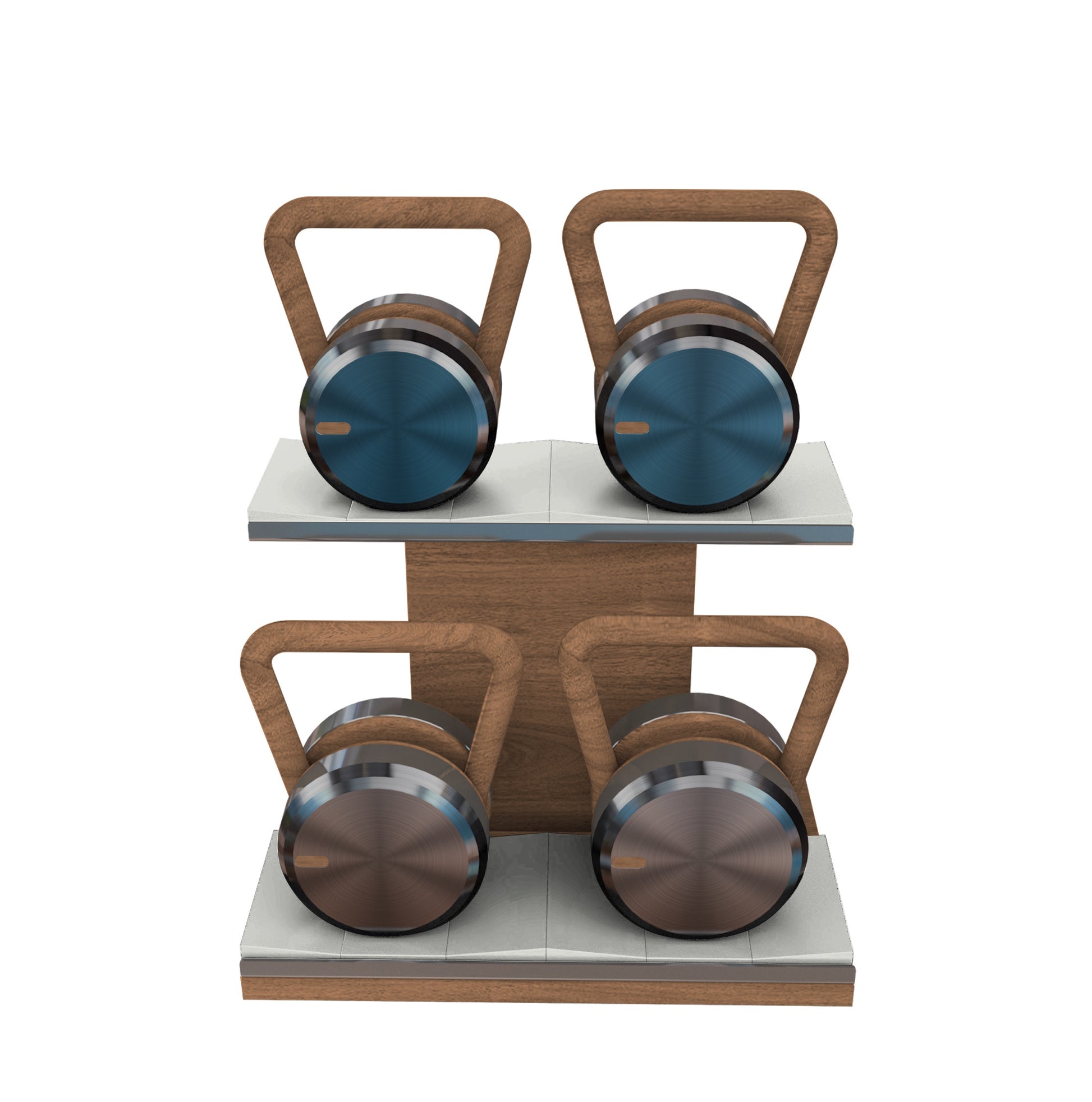 Luxury fitness equipment, 4 luxury kettlebells on horizontal wooden stand, handcrafted with stainless steel, premium Italian leather and natural wood. Custom variation 3. PENT. LOVA Set - Kettlebells on a Horizontal Stand
