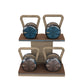 Luxury fitness equipment, 4 luxury kettlebells on horizontal wooden stand, handcrafted with stainless steel, premium Italian leather and natural wood. Custom variation 16. PENT. LOVA Set - Kettlebells on a Horizontal Stand
