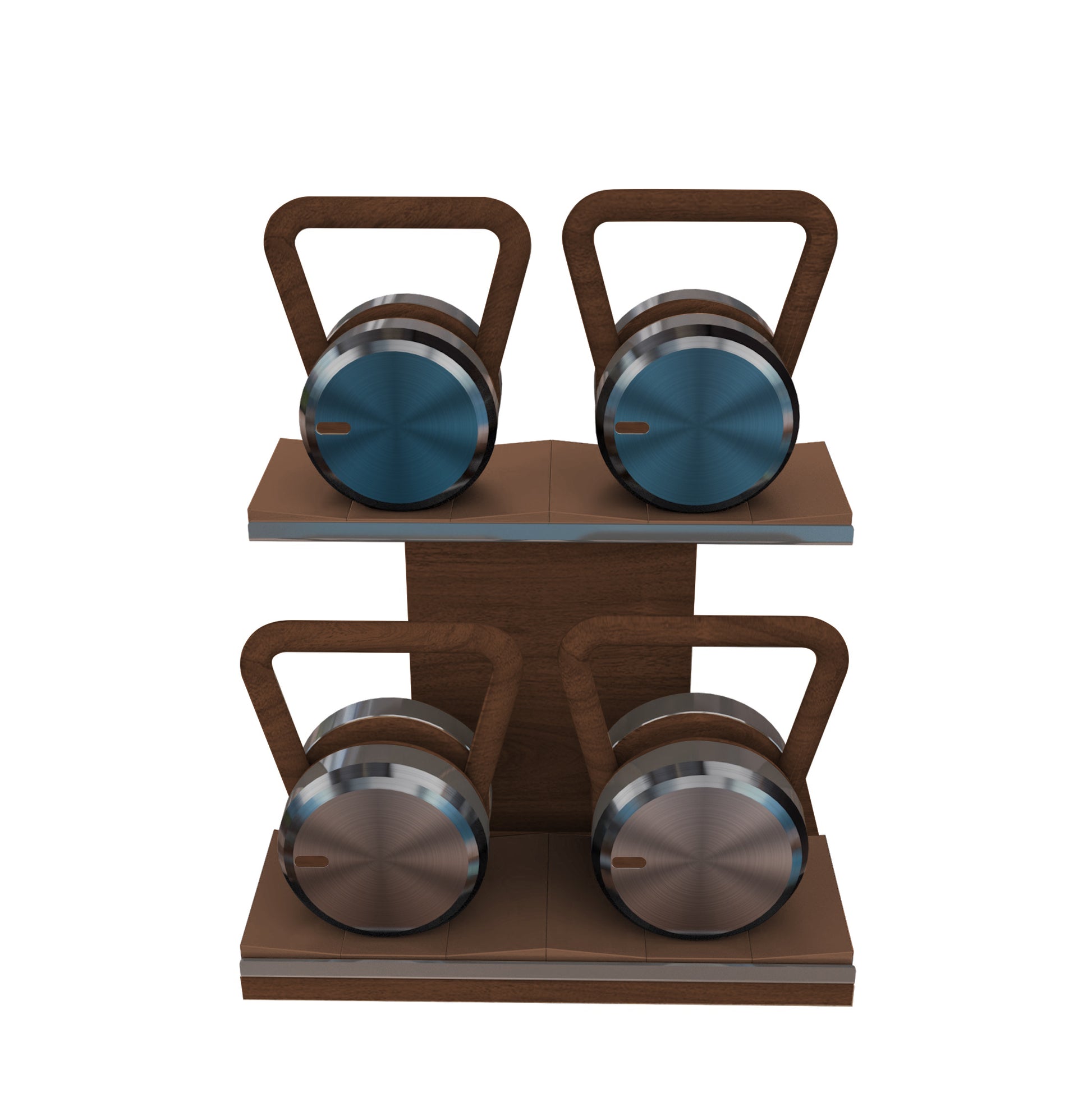 Luxury fitness equipment, 4 luxury kettlebells on horizontal wooden stand, handcrafted with stainless steel, premium Italian leather and natural wood. Custom variation 15. PENT. LOVA Set - Kettlebells on a Horizontal Stand