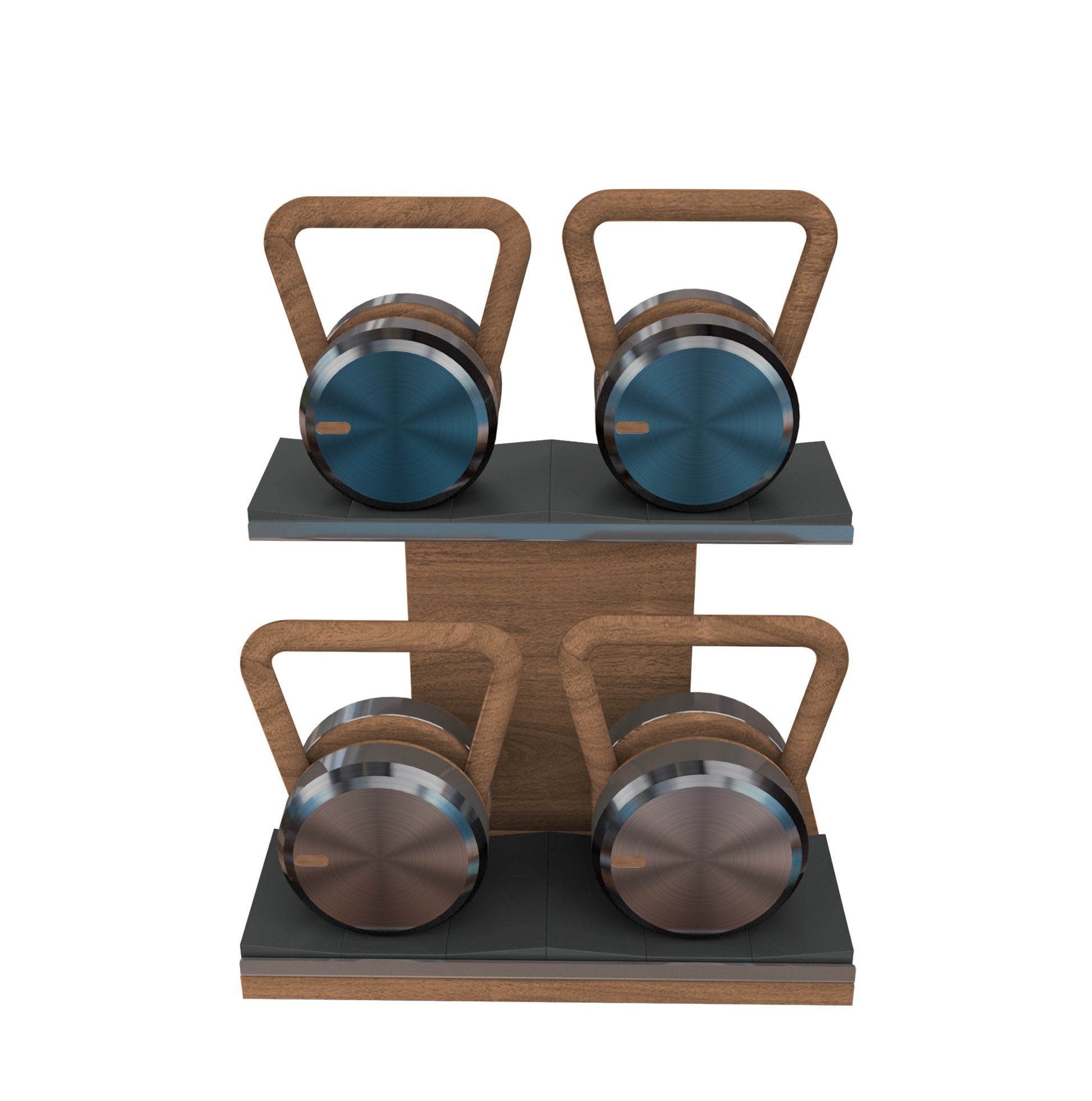 Luxury fitness equipment, 4 luxury kettlebells on horizontal wooden stand, handcrafted with stainless steel, premium Italian leather and natural wood. Custom variation 21. PENT. LOVA Set - Kettlebells on a Horizontal Stand