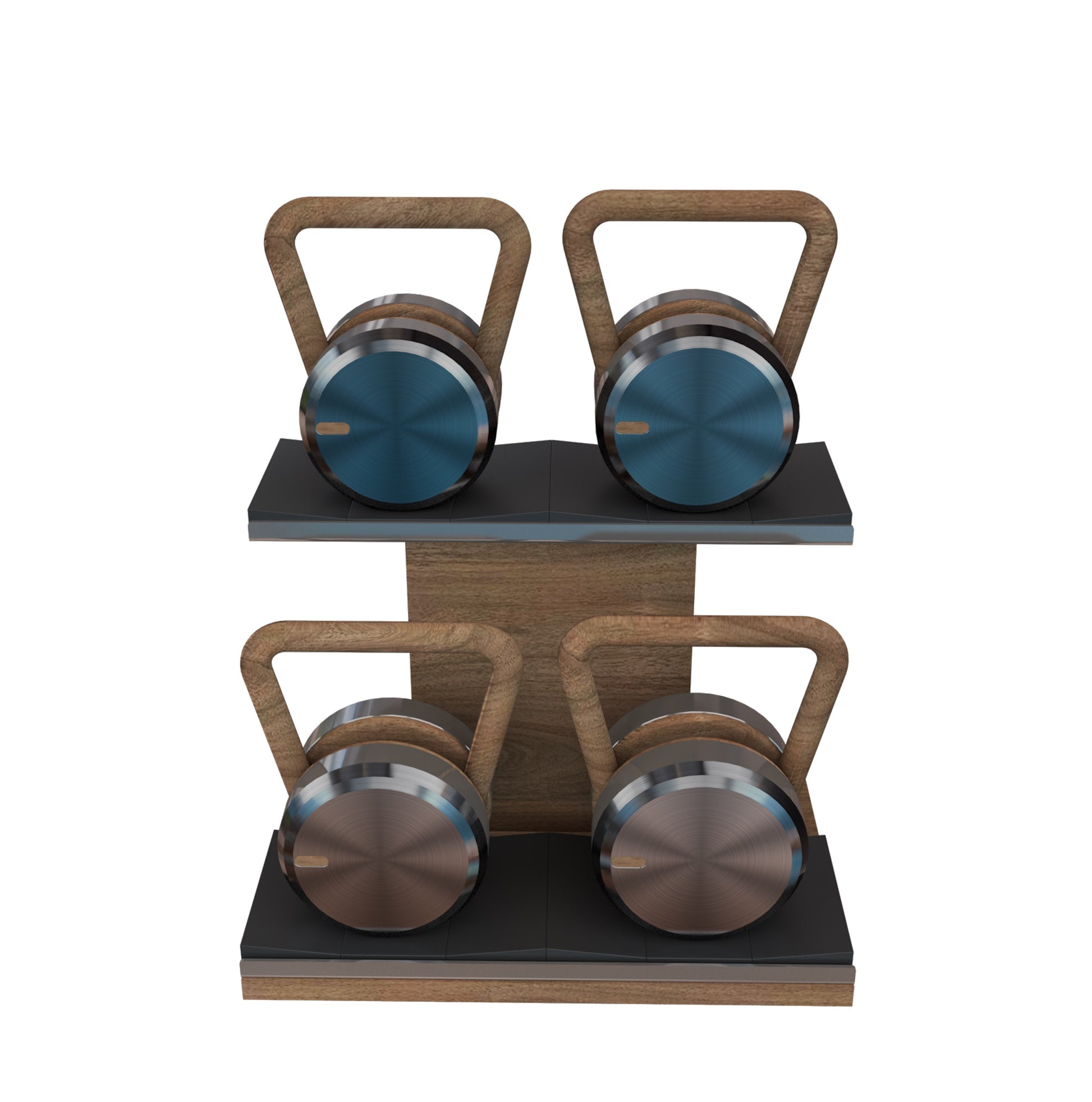 Luxury fitness equipment, 4 luxury kettlebells on horizontal wooden stand, handcrafted with stainless steel, premium Italian leather and natural wood. Custom variation 1. PENT. LOVA Set - Kettlebells on a Horizontal Stand
