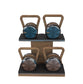 Luxury fitness equipment, 4 luxury kettlebells on horizontal wooden stand, handcrafted with stainless steel, premium Italian leather and natural wood. Custom variation 1. PENT. LOVA Set - Kettlebells on a Horizontal Stand